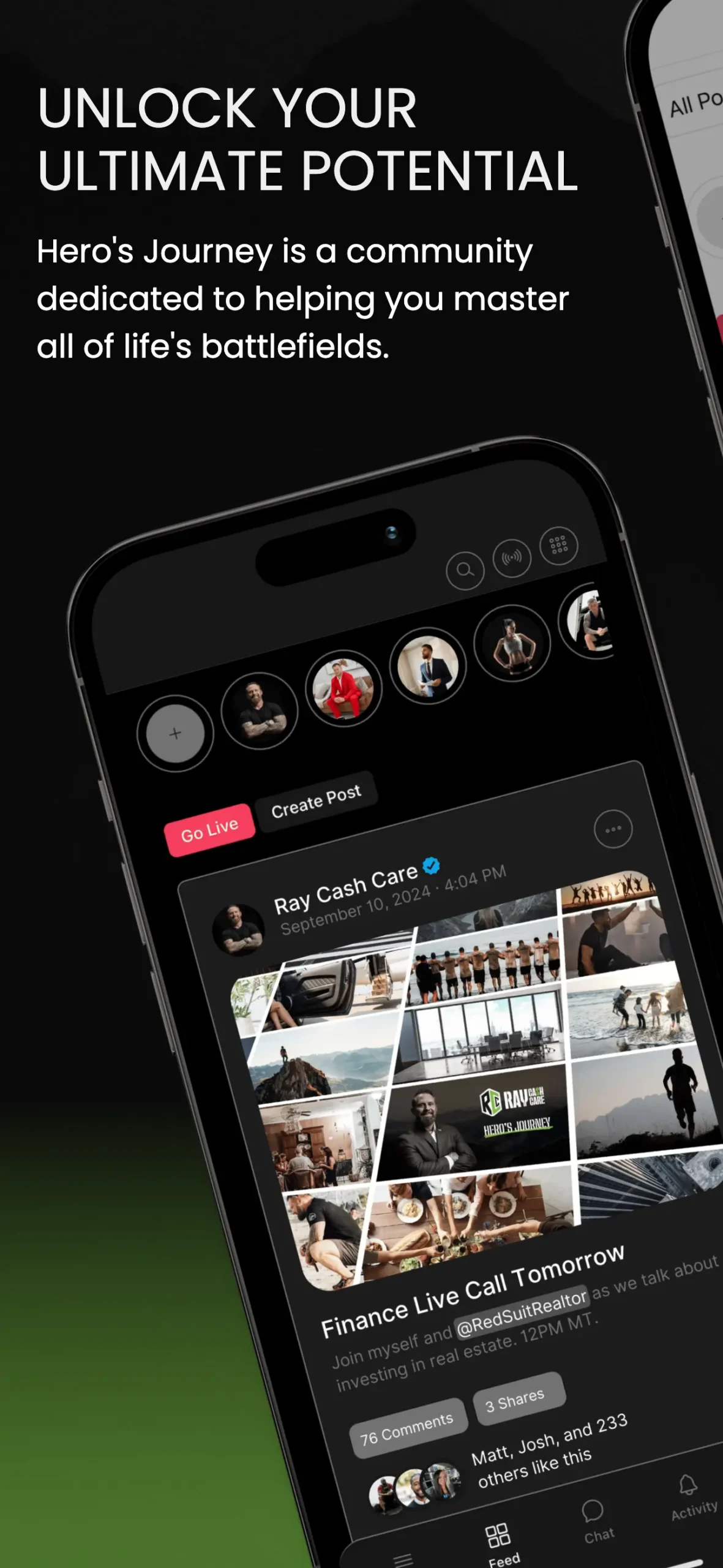 Unlock Your Ultimate Potential - Hero's Journey Community App Mobile app showcasing the Hero’s Journey platform with a live post from Ray Cash Care, emphasizing mastering life’s battlefields and personal growth.