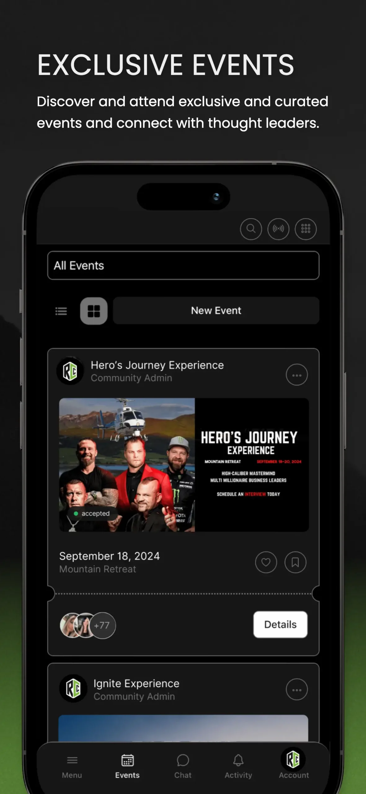 Exclusive Events - Hero's Journey Curated Experiences Hero’s Journey app screen showing exclusive event listings like the Hero’s Journey Experience and Ignite Experience, offering opportunities to connect with thought leaders.