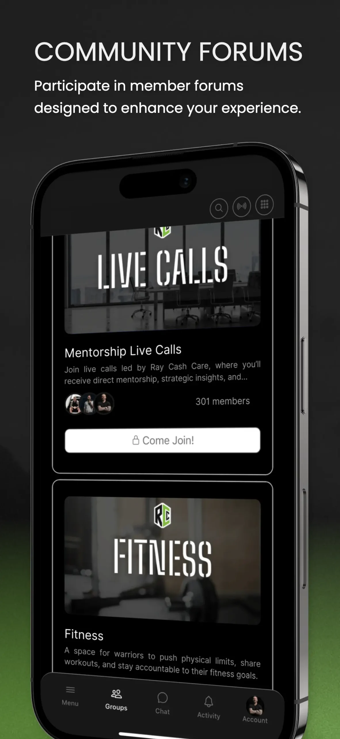 Community Forums - Participate in Hero's Journey Live Calls and Groups Mobile screen displaying Hero’s Journey’s community groups for mentorship live calls and fitness, designed to enhance member experiences and accountability.