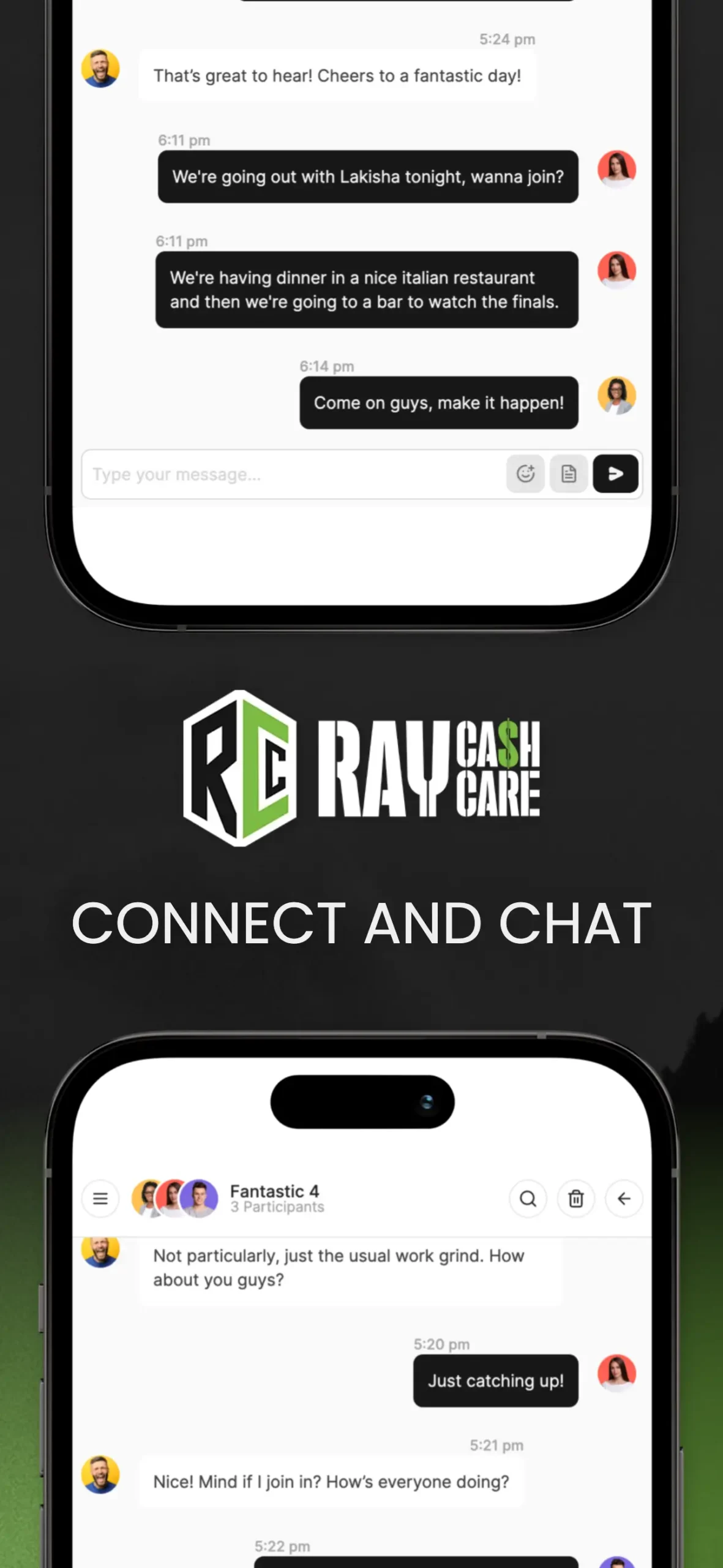 Connect and Chat - Hero's Journey App Communication Feature Mobile app chat screen showing conversations between Hero’s Journey members, fostering real-time connections and discussions.