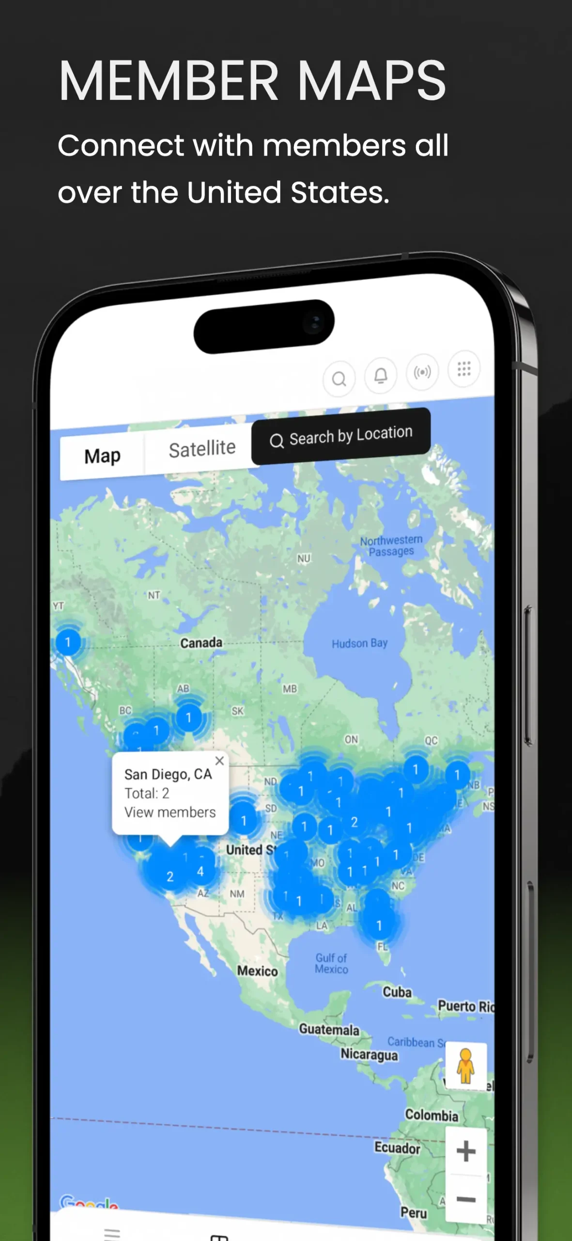 Member Maps - Connect with Hero's Journey Members Nationwide Mobile screen displaying a map feature within the Hero’s Journey app, allowing users to find and connect with other members across the United States.