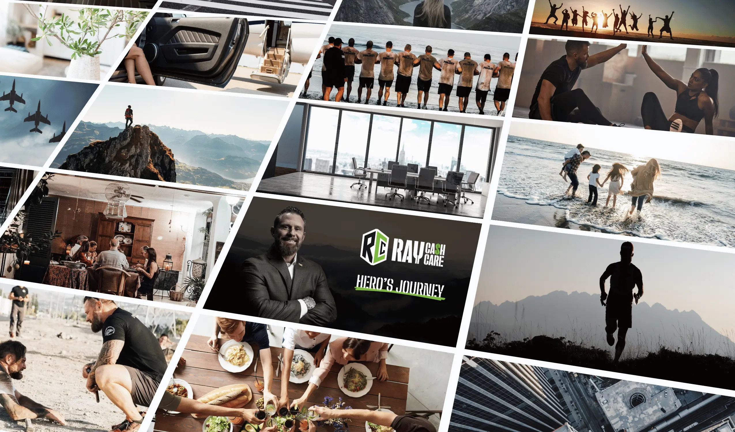 Ray Cash Care (1) Alt text: Collage of images representing the Hero's Journey community, featuring diverse scenes of personal growth, adventure, teamwork, fitness, family, and leadership. Includes images of group training, family at the beach, business meetings, mountain climbing, and Ray Cash Care, showcasing the balance of family, fitness, business, and personal success.